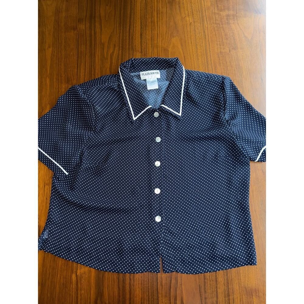 Vintage Plaza South Women's Navy Polka Dot Short Sleeve Blouse - Size 14